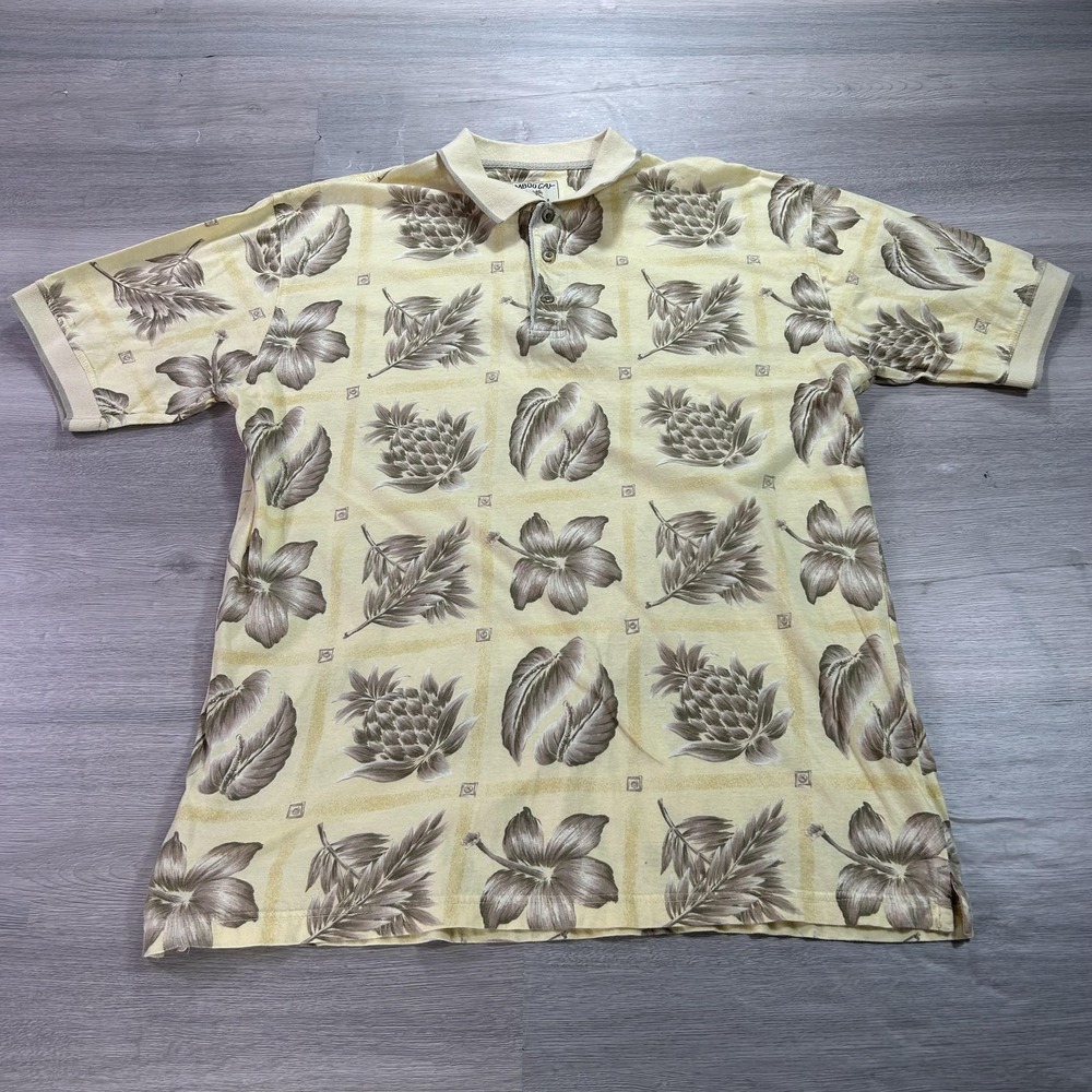 Bamboo Cay Polo Shirt Mens Large Yellow Tropical Floral Cotton Short Sleeve